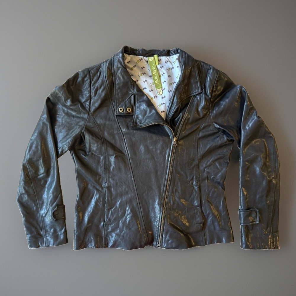 Soia & Kyo Black Genuine Leather Moto Jacket Women's XL Asymmetrical Zip